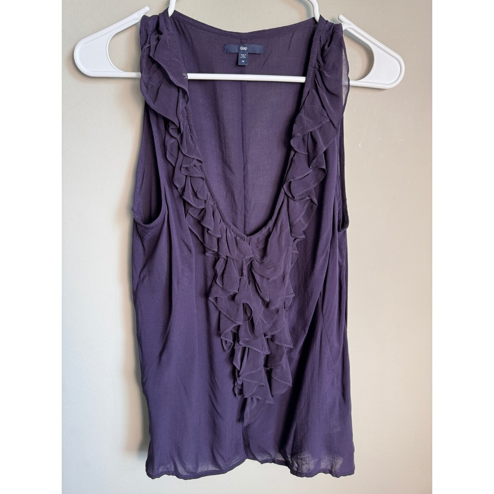 Gap Ruffle Front Sleeveless Viscose Blouse M Purple Boho Romantic Feminine Soft